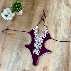 Burgundy and Lace Plunge Neck One Piece/Monokini